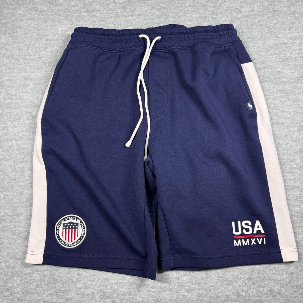 Polo Ralph Lauren Shorts Mens XL Blue USA MMXVI Fleece Sweat Shorts Drawstring